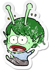 distressed sticker of a cartoon shocked alien girl