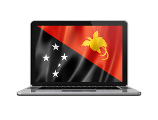 Papua New Guinea flag on laptop screen isolated on white. 3D illustration