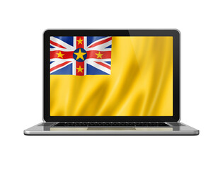Niue flag on laptop screen isolated on white. 3D illustration