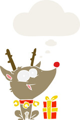 cartoon christmas reindeer and thought bubble in retro style