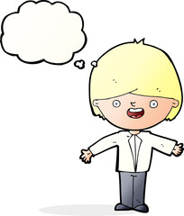 cartoon happy boy with open arms with thought bubble