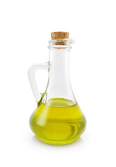 Half full corked olive oil glass jug isolated on white background