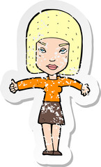 retro distressed sticker of a cartoon woman giving thumbs up symbol