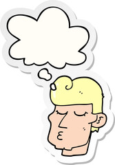cartoon handsome man and thought bubble as a printed sticker