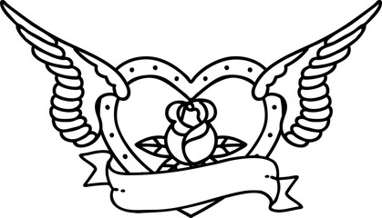 black line tattoo of a flying heart with flowers and banner