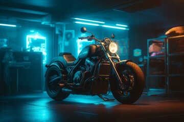 Obraz na płótnie Canvas Cyberpunk garage concept background. Retro style futuristic custom motorcycle in the neon lights. Generative AI