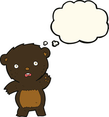 cartoon waving black bear cub with thought bubble