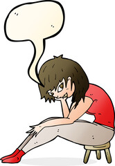 cartoon woman sitting on small stool with speech bubble