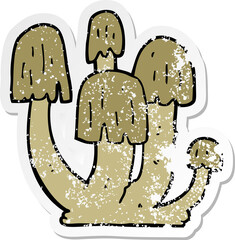 distressed sticker of a cartoon mushrooms