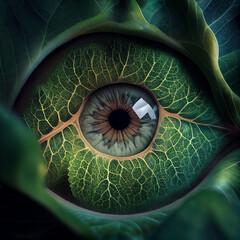 Huge eye in a green leaf, close up of the pupil and eyeball, surreal macro, connect to nature, generative AI
