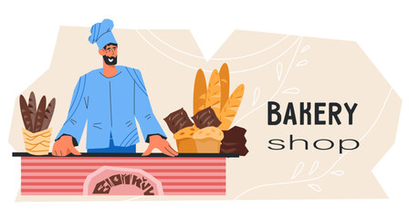 Bakery shop or bakehouse flyer or banner template with baker selling various bread and pastry items, flat cartoon vector illustration.