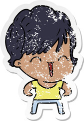 distressed sticker of a cartoon laughing woman