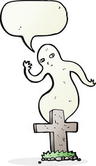 cartoon ghost rising from grave with speech bubble