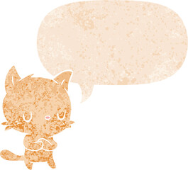 cartoon cat and speech bubble in retro textured style