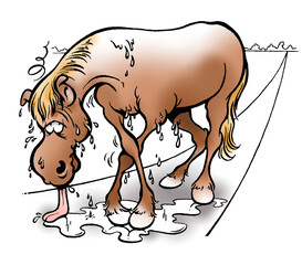 Illustration of a sweaty and exhausted brown horse with tongue on the ground almost sinks through his legs © Henk Vrieselaar