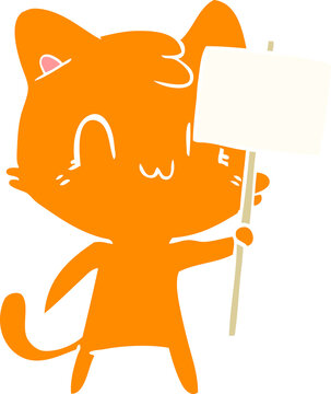 flat color style cartoon happy cat with blank sign