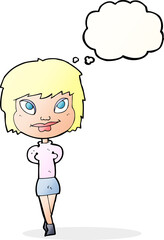 cartoon happy woman with thought bubble