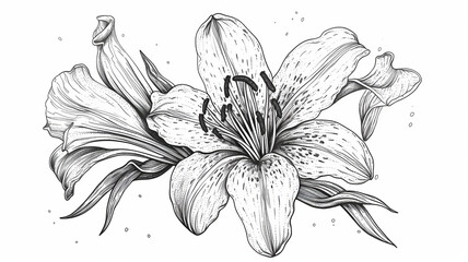 Black & White Hand Drawing Of Lily With Leaves On Isolated Background, Generative Ai