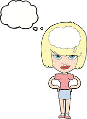 cartoon woman thinking with thought bubble