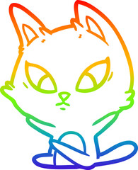 rainbow gradient line drawing confused cartoon cat sitting