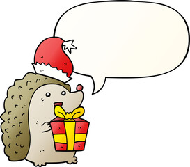 cartoon hedgehog wearing christmas hat and speech bubble in smooth gradient style