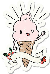 grunge sticker of tattoo style ice cream character waving