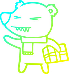 cold gradient line drawing cartoon angry polar bear with xmas present
