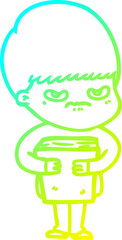 cold gradient line drawing annoyed cartoon boy