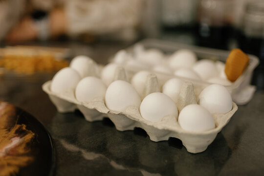 Cardboard box. Eggs. Ukrainian tradition. Preparation. Easter