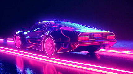 Obraz na płótnie Canvas Futuristic retro wave synth wave car. Retro sport car with neon backlight contours.