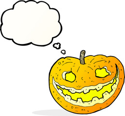 cartoon spooky pumpkin with thought bubble
