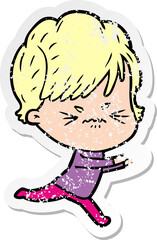distressed sticker of a cartoon frustrated woman
