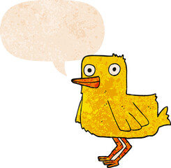 cartoon duck and speech bubble in retro textured style
