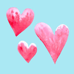 Three watercolor pink romantic hearts hand drawn on blue background
