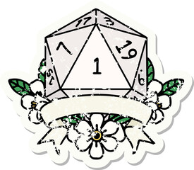 natural one d20 dice roll grunge sticker