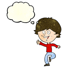 cartoon happy waving boy with thought bubble