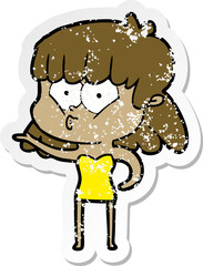 distressed sticker of a cartoon whistling girl