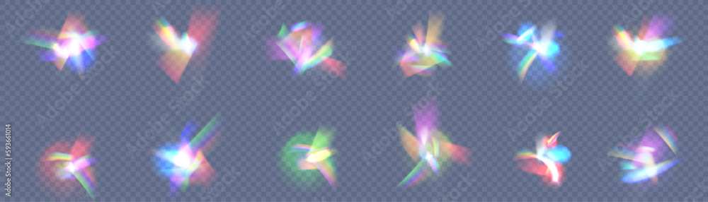 Poster realistic diamond reflection, rainbow light optical effect colorful collection, bright spectrum glow