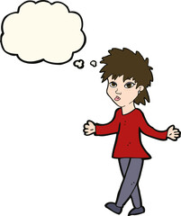 cartoon woman shrugging shoulders with thought bubble