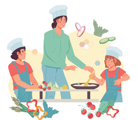 Cooking class with kids banner. Children in chef hat cook with adult.