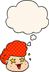 cartoon excited boy and thought bubble in comic book style