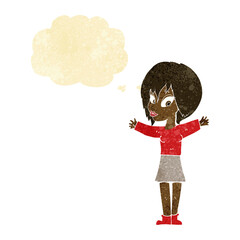 cartoon woman with open arms with thought bubble