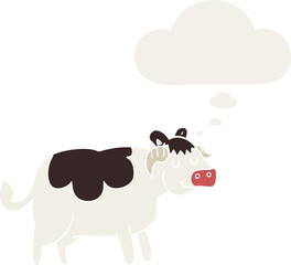 cartoon cow and thought bubble in retro style