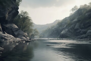 Fototapeta na wymiar A minimalist landscape with a serene river or stream, Generative AI
