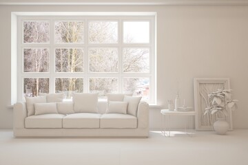 White living room with sofa and winter landscape in window. Scandinavian interior design. 3D illustration
