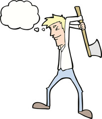 cartoon man swinging axe with thought bubble