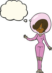 cartoon space woman with thought bubble