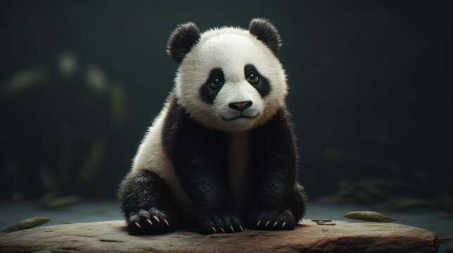 Super Cute little baby Panda bear in the forest. Funny small cartoon character with big eyes. AI generated
