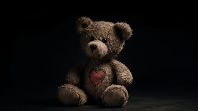 Cute shy vintage teddy bear, plush toy, sitting, holding heart, looking at camera, cartoon character. AI generated