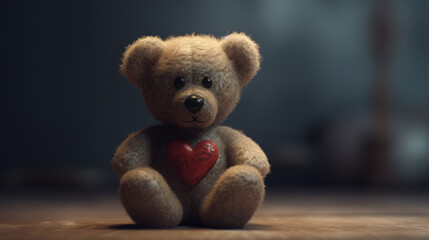 Cute shy vintage teddy bear, plush toy, sitting, holding heart, looking at camera, cartoon character. AI generated